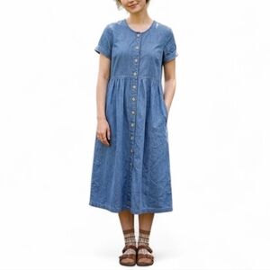 BLAIR Blue Denim Button Front Midi Dress Cottagecore Modest Petite Large